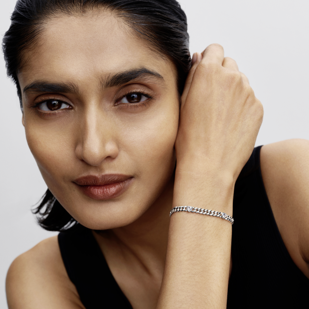 Heart cuban chain sterling silver bracelet with clear cubic zirconia