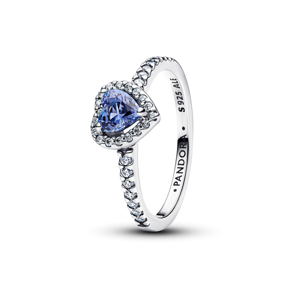 Heart sterling silver ring with cornflower blue crystal and clear cubic zirconia