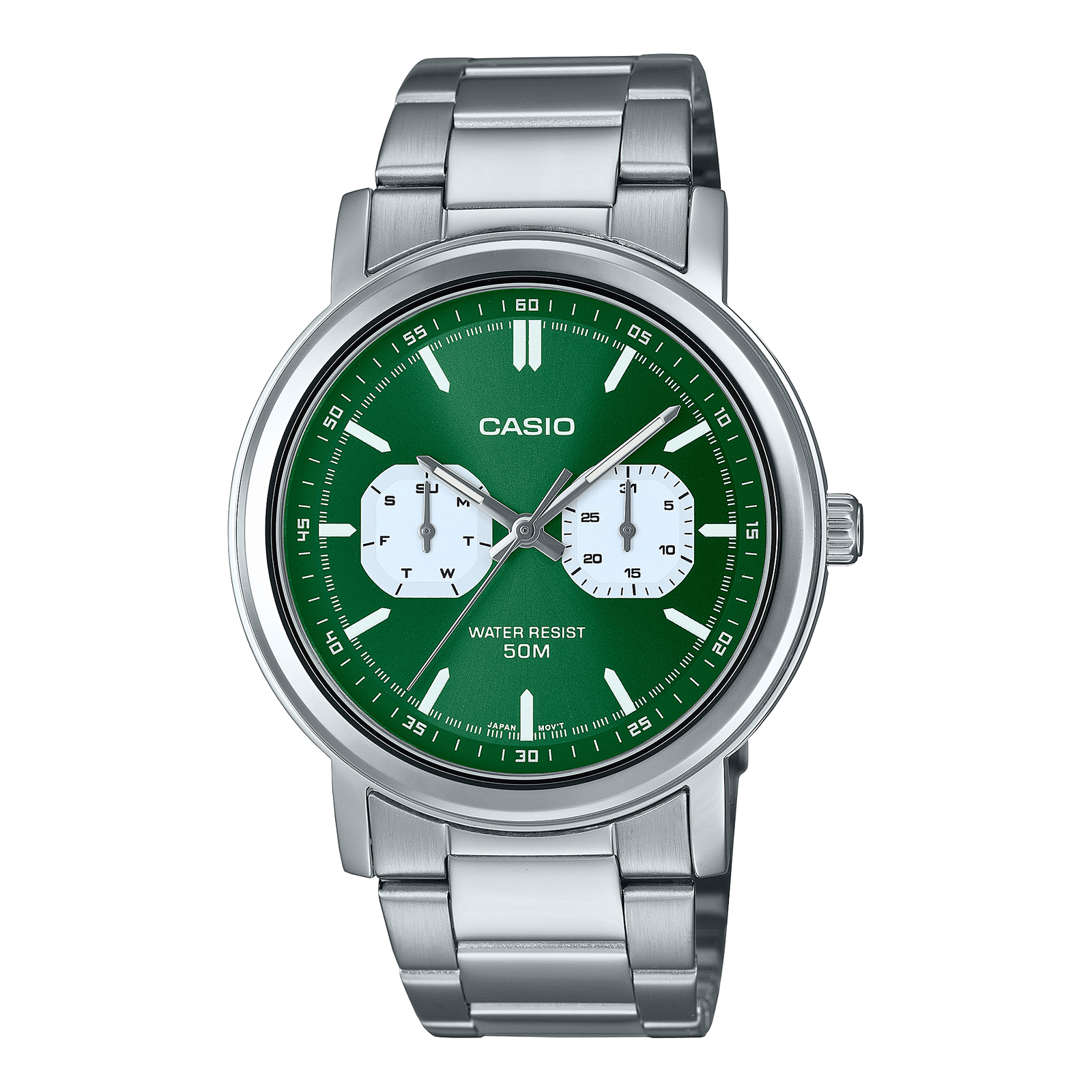 Casio Analogue Day-Date Dial 50m Green Face, S/Steel Band