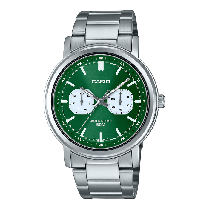 Casio Analogue Day-Date Dial 50m Green Face, S/Steel Band