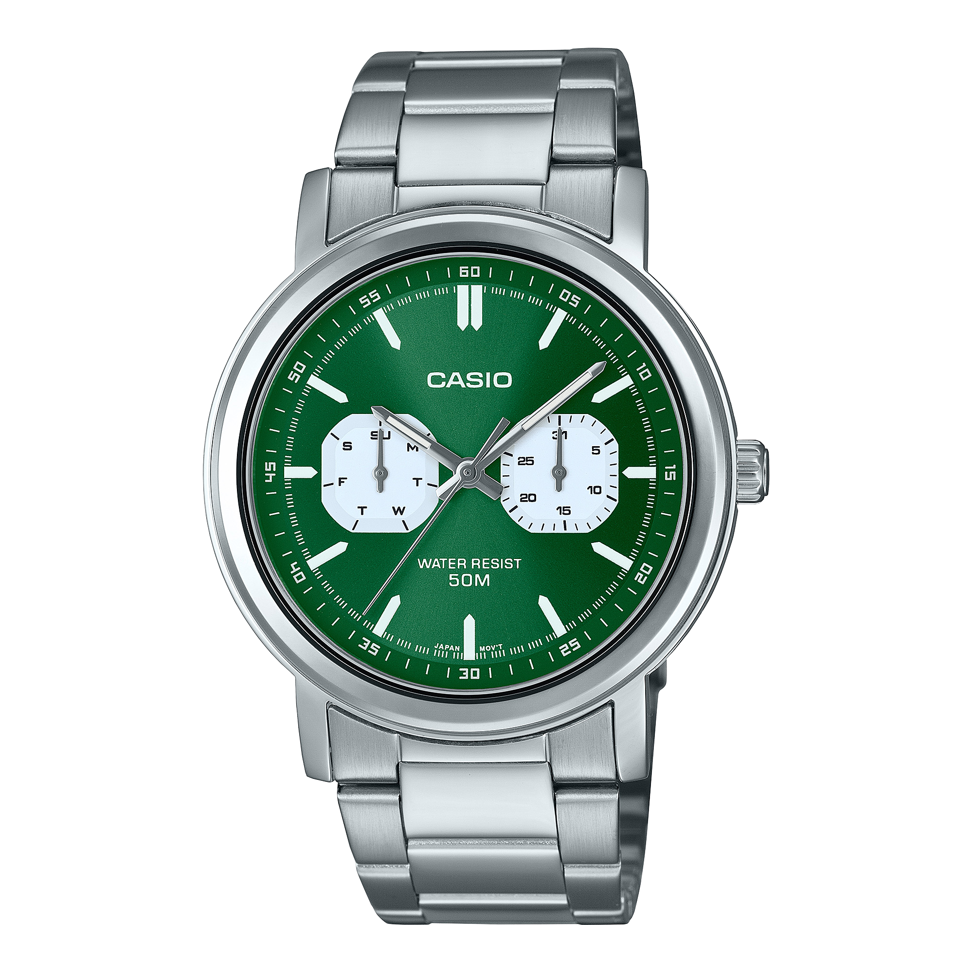 Casio Analogue Day-Date Dial 50m Green Face, S/Steel Band