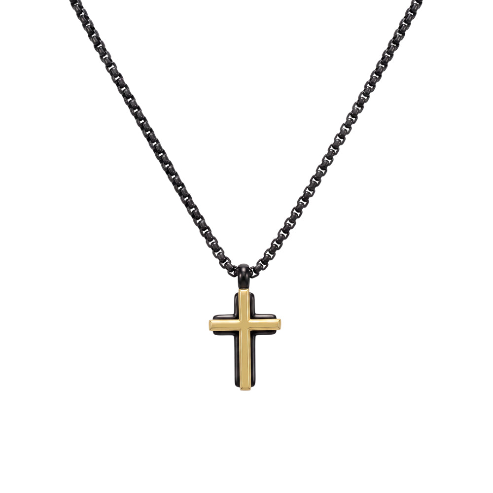 Blaze Black Box Chain Necklace with Black and Gold Cross Pendant