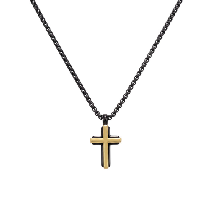 Blaze Black Box Chain Necklace with Black and Gold Cross Pendant