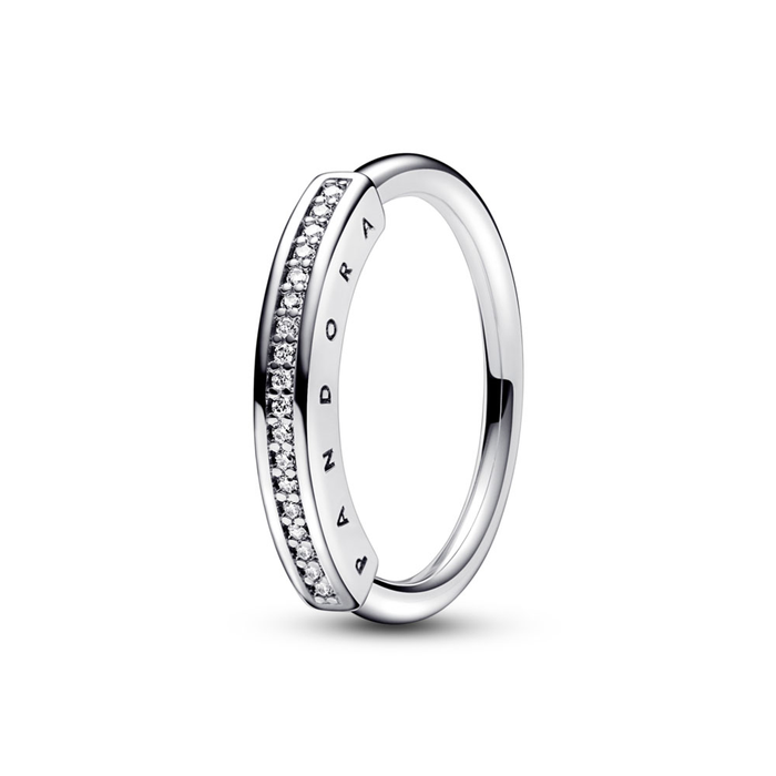 Pandora logo sterling silver ring with clear cubic zirconia