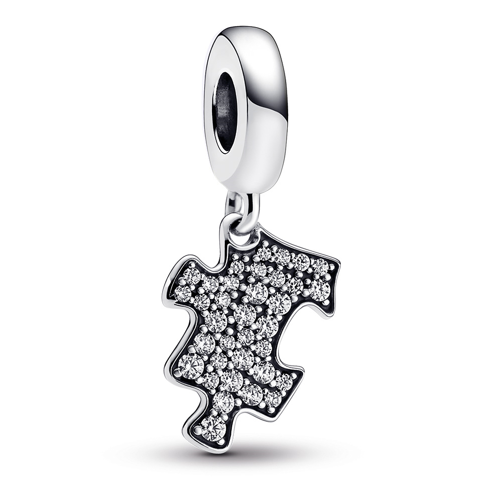 Engravable puzzle piece sterling silver dangle with clear cubic zirconia