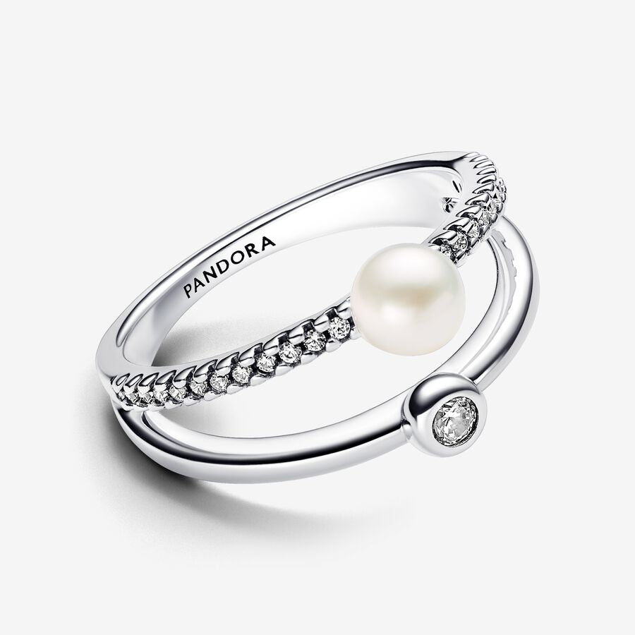 Sterling silver ring with white treated freshwater cultured pearl and clear cubic zirconia