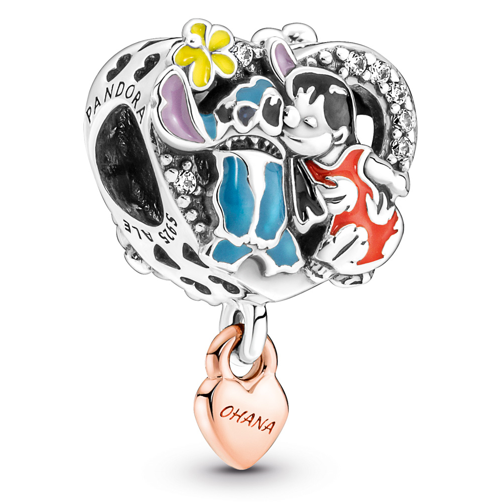 Disney Lilo and Stitch sterling silver and 14k rose gold-plated charm with clear cubic zirconia, black, red, blue, yellow, pink and purple e