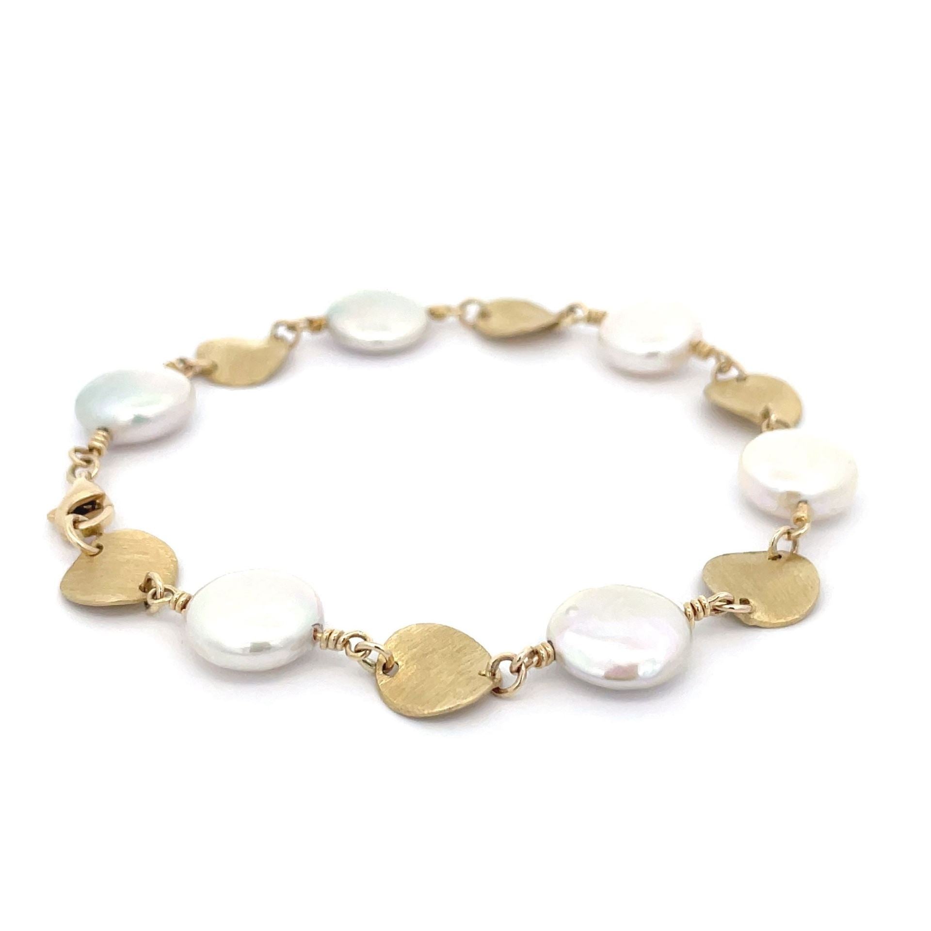 Pearl and Yellow Gold Brush Disc Bracelet