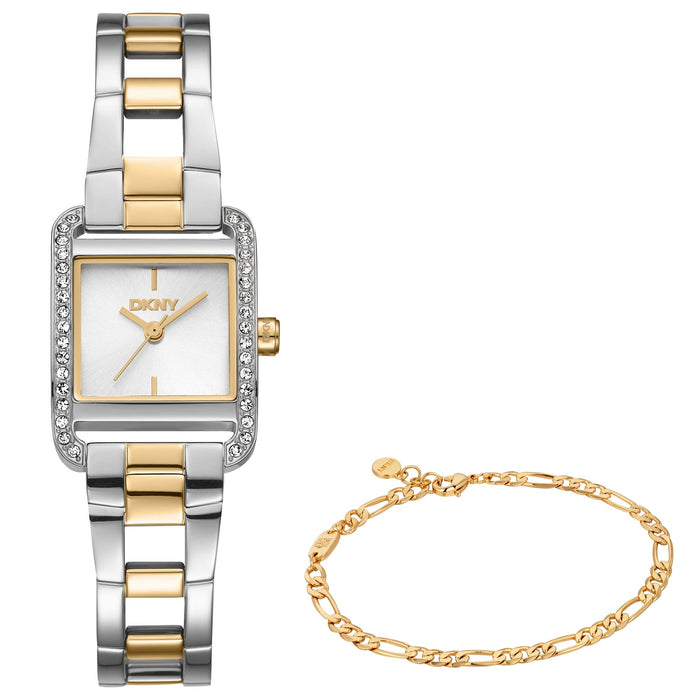 DKNY Mini Two-Tone 21x27mm Silver Dial Womens Watch + Gold Bracelet