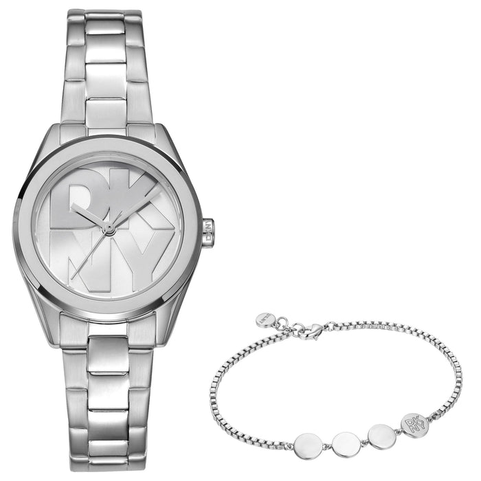 DKNY Logo Silver 28mm Silver Dial Womens Watch + Silver Bracelet