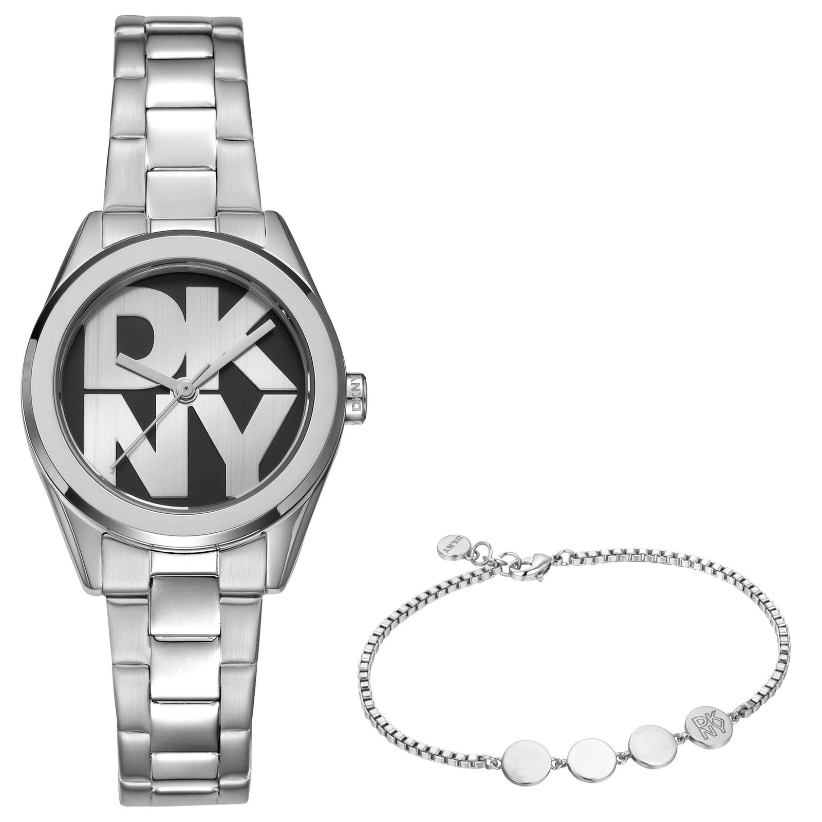 DKNY Logo Silver 28mm Black Dial Womens Watch + Silver Bracelet