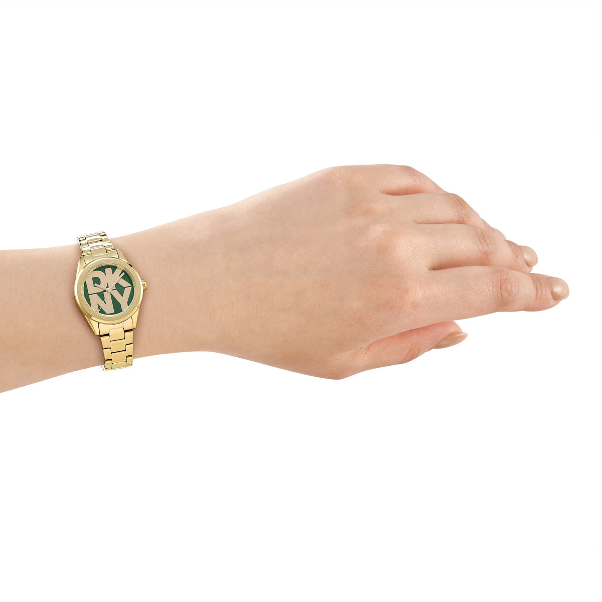 DKNY Logo Gold 28mm Green Dial Womens Watch + Gold Bracelet