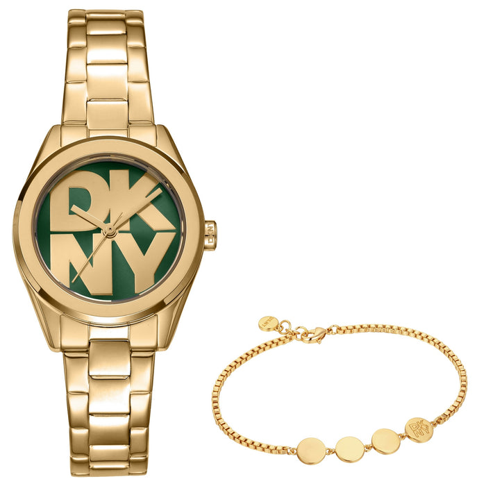 DKNY Logo Gold 28mm Green Dial Womens Watch + Gold Bracelet