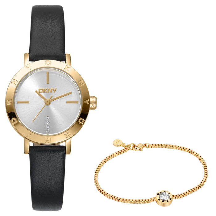 DKNY Essentials Gold 28mm Silver Dial Womens Watch + Gold Bracelet