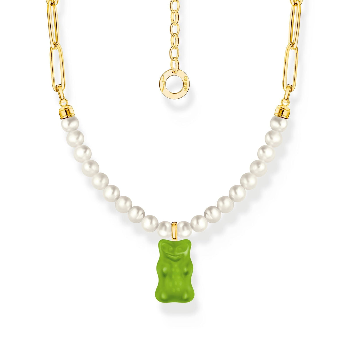 THOMAS SABO Link necklace with green goldbears &amp; freshwater pearls