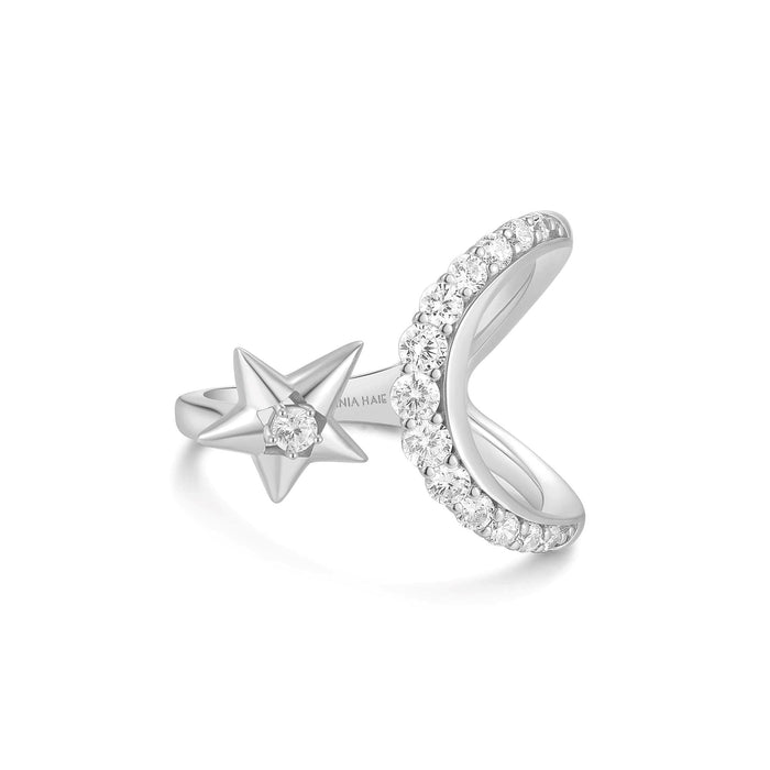 Silver Sparkling Moon and Star Adjustable Ring