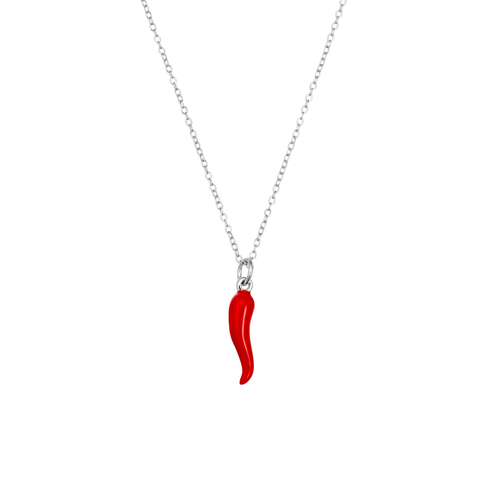 Sterling Silver Necklace with Red Cornicello Pendant