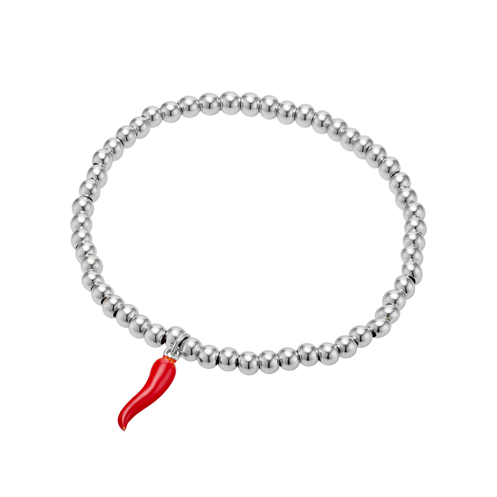 Sterling Silver Ball Bracelet with Red Cornicello Charm