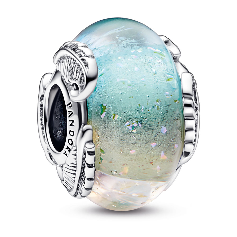 Feather sterling silver charm with pink dichroic multicolor rainbow Murano glass