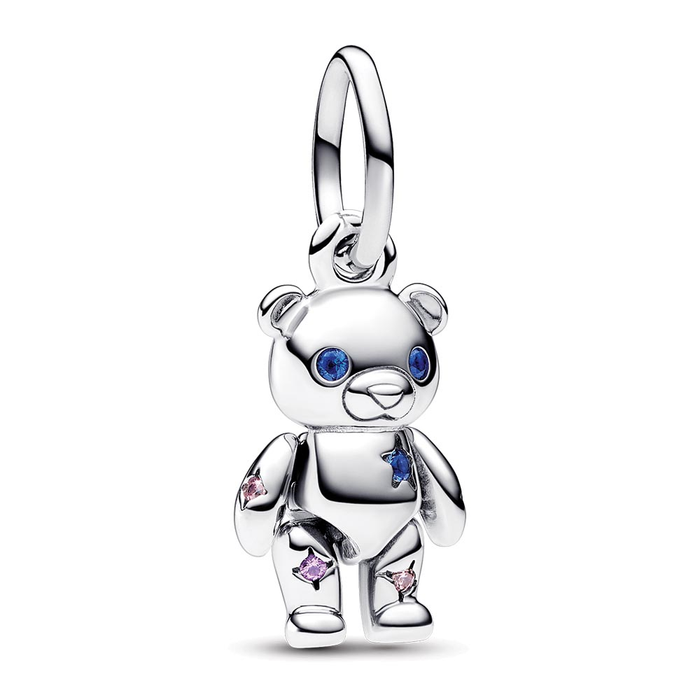 Teddy bear sterling silver dangle with fancy fairy tale pink cubic zirconia, royal purple and stellar blue crystal