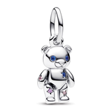 Teddy bear sterling silver dangle with fancy fairy tale pink cubic zirconia, royal purple and stellar blue crystal