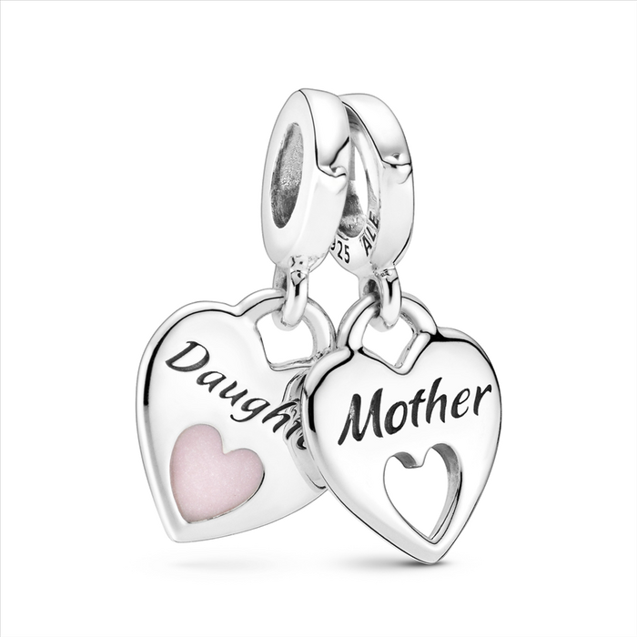 Mother & Daughter Hearts Silver Hanging Charm w Shimmering Pink Enamel