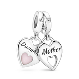 Mother & Daughter Hearts Silver Hanging Charm w Shimmering Pink Enamel