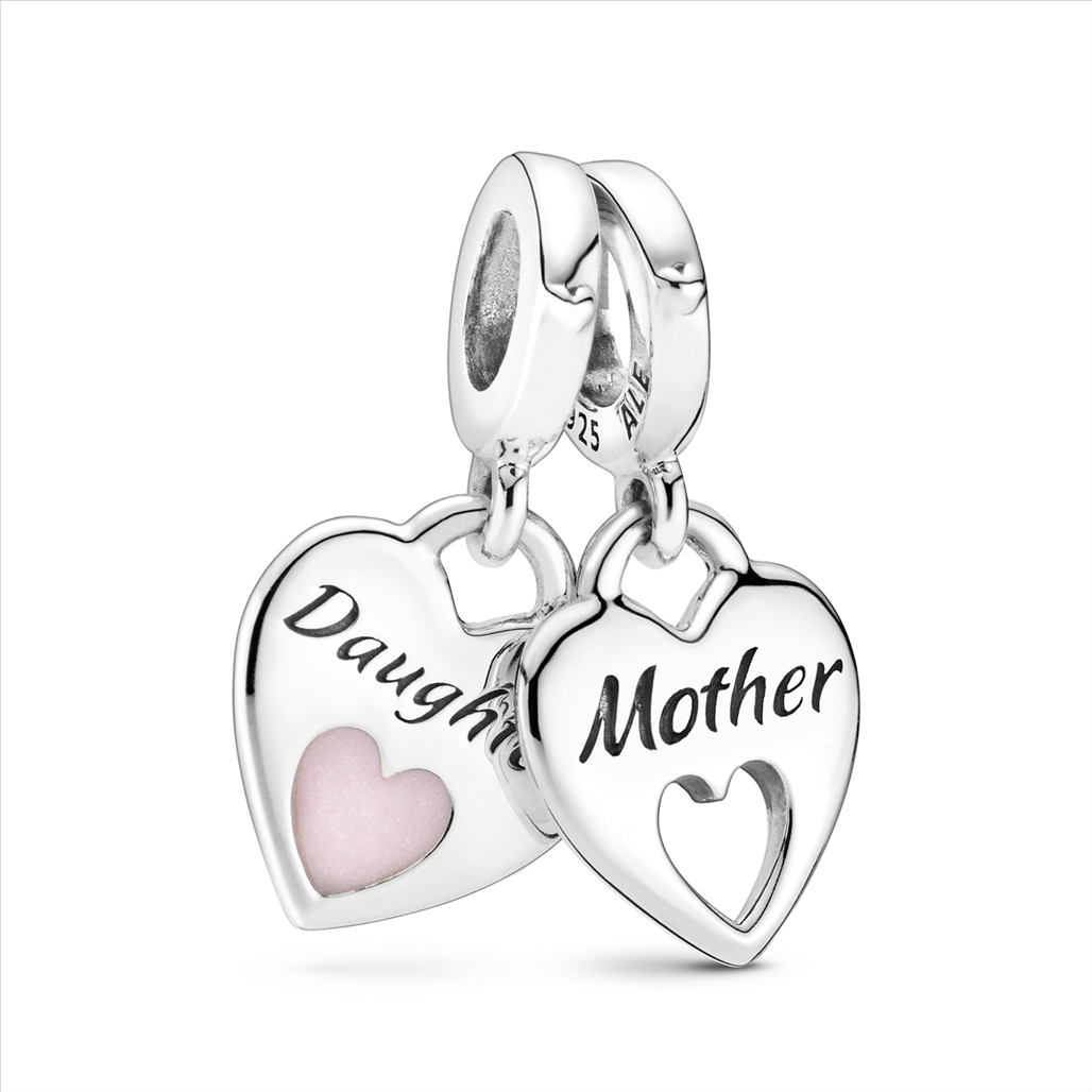 Mother & Daughter Hearts Silver Hanging Charm w Shimmering Pink Enamel