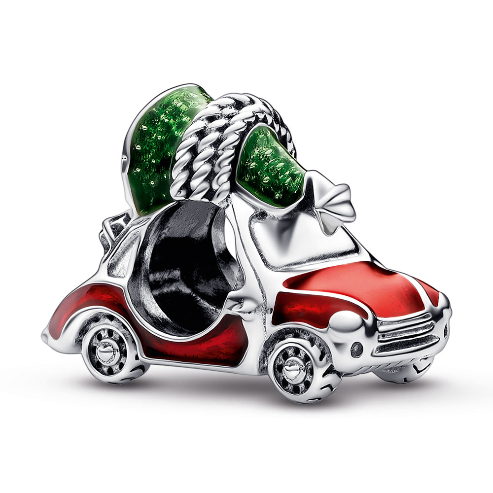 Car and Christmas tree sterling silver charm with transparent glossy red and translucent green enamel