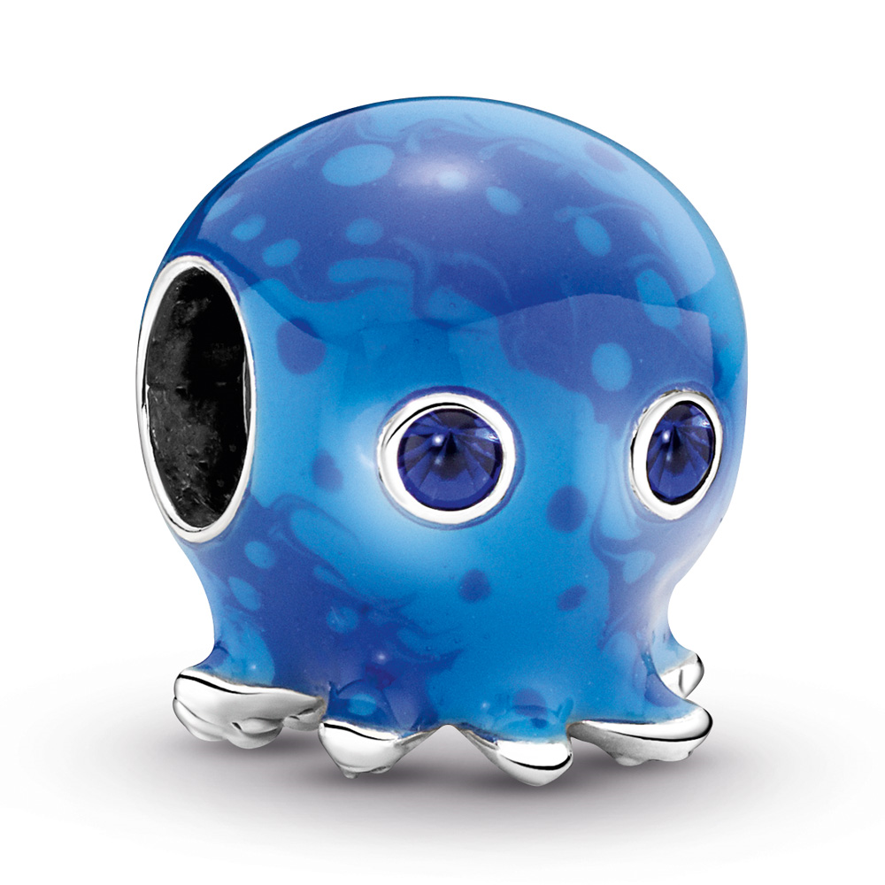 Octopus sterling silver charm with true blue crystal and blue enamel