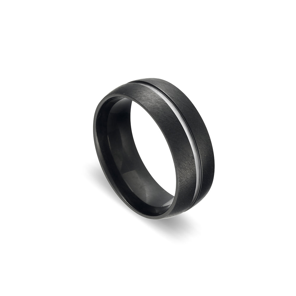 Blaze Stainless Steel Brushed Black Men’s Band Ring with Silver Detail