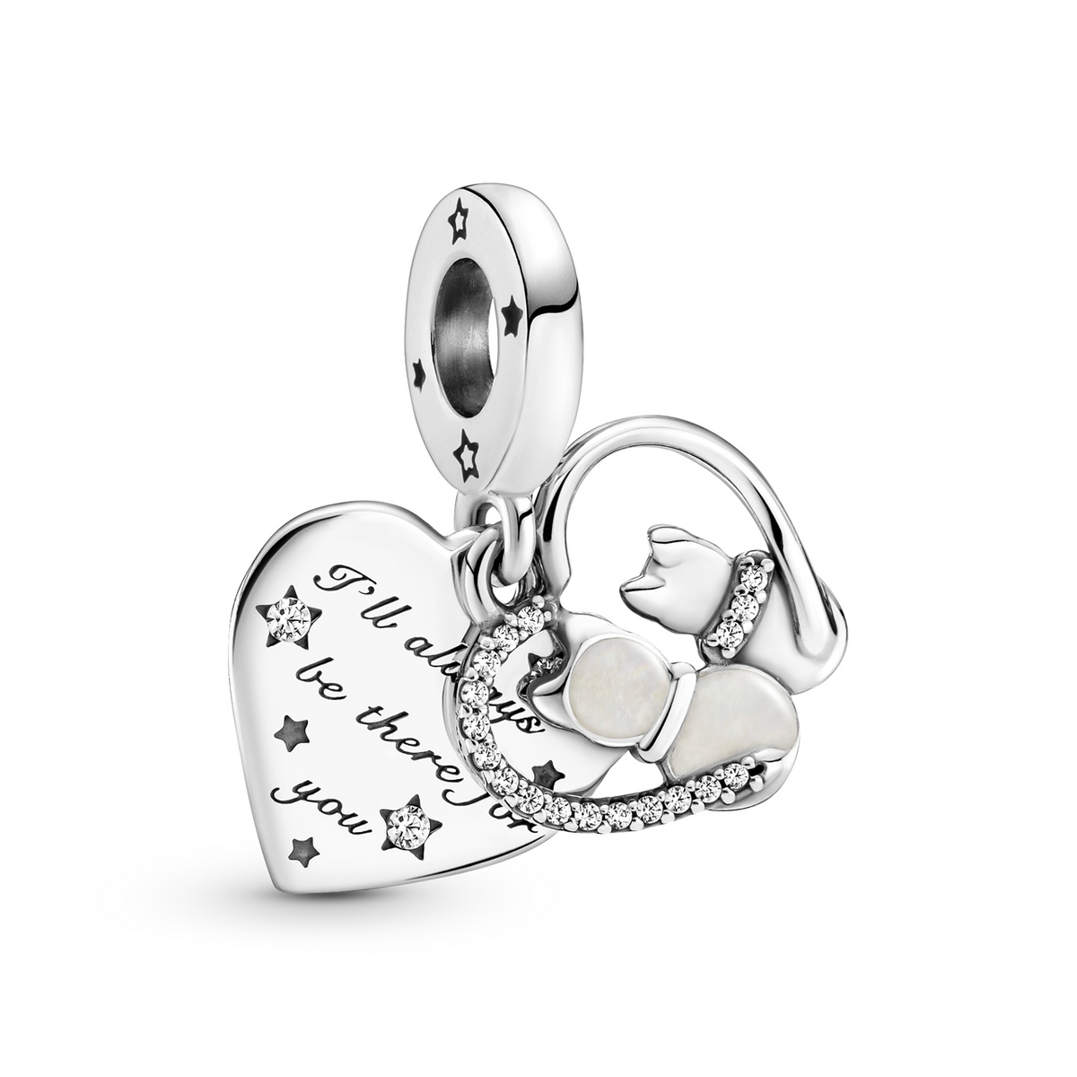 Sentimental Cat &amp; Heart Silver Hanging Charm w Clear CZ &amp; Shimmering Silver Enamel