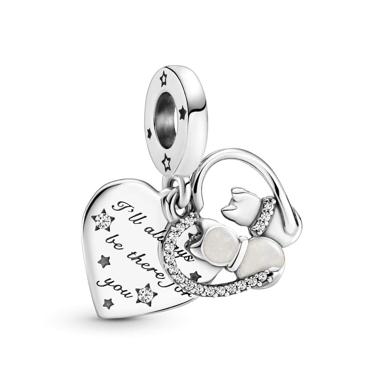 Sentimental Cat & Heart Silver Hanging Charm w Clear CZ & Shimmering Silver Enamel