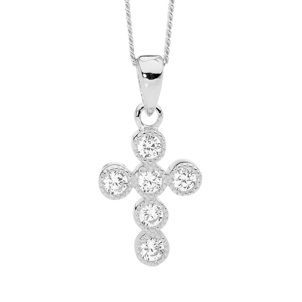 SS 14mm wh cz crown set cross pendant