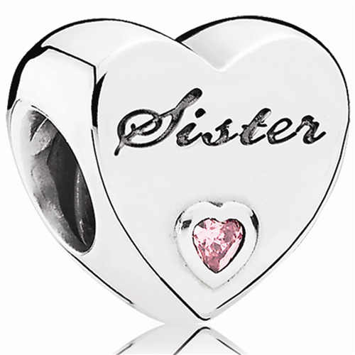 Sister's Love Silver Heart Charm w PCZ