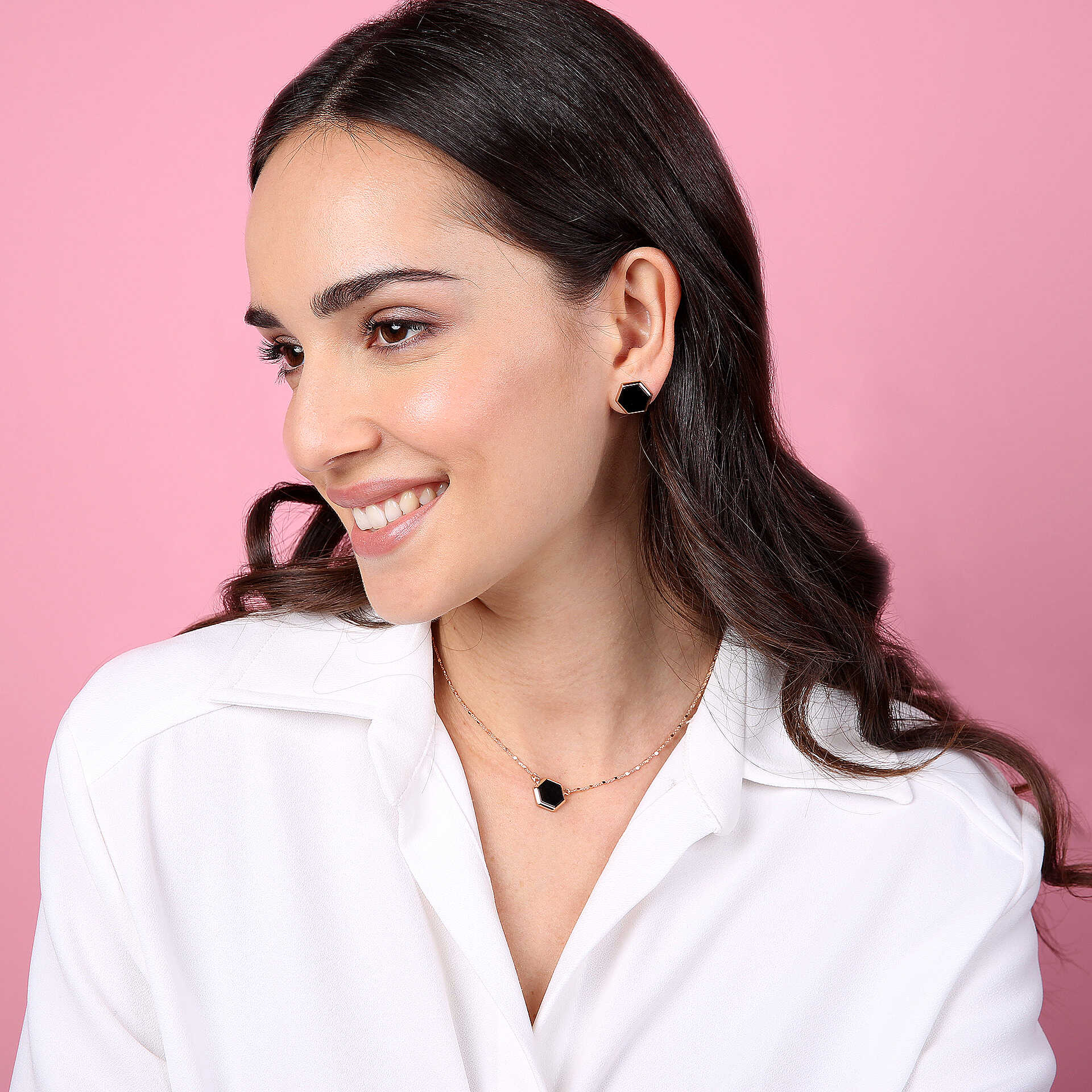 Bronzeallure Alba Black Onyx Hexagon Stud Earrings