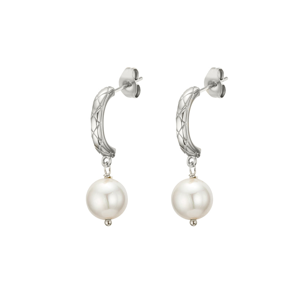 Sterling Silver Crosshatch Pattern Half-Hoop Earrings with Freshwater Pearl