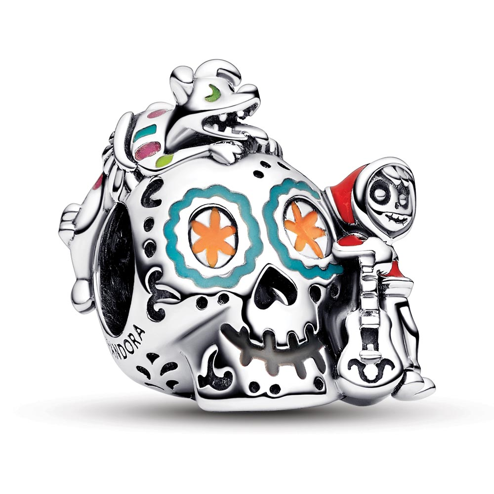 Disney Pixar Coco skull sterling silver charm with red, green, orange, yellow, pink and glow in the dark enamel