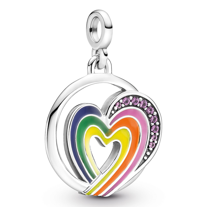 Rainbow heart sterling silver medallion with royal purple crystal, blue, green, yellow, orange and purple enamel