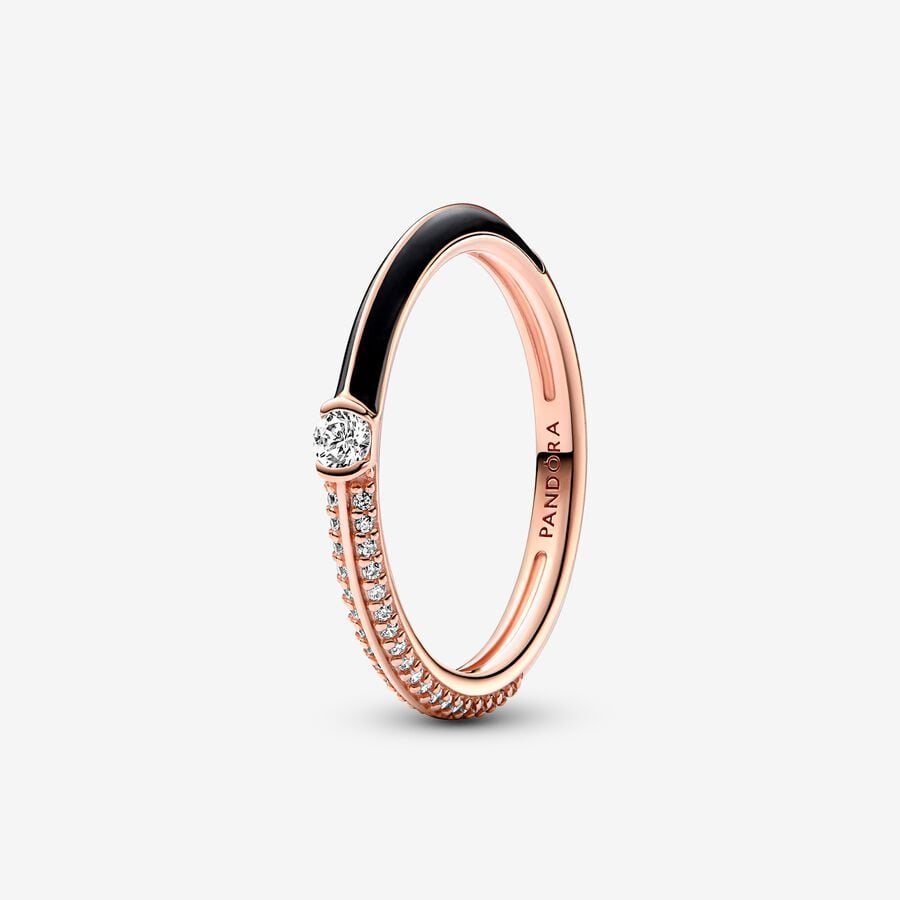 14k Rose gold-plated ring with clear cubic zirconia and black enamel