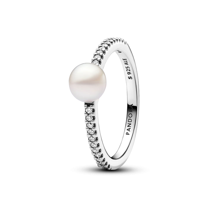 Sterling silver ring with white treated freshwater cultured pearl and clear cubic zirconia