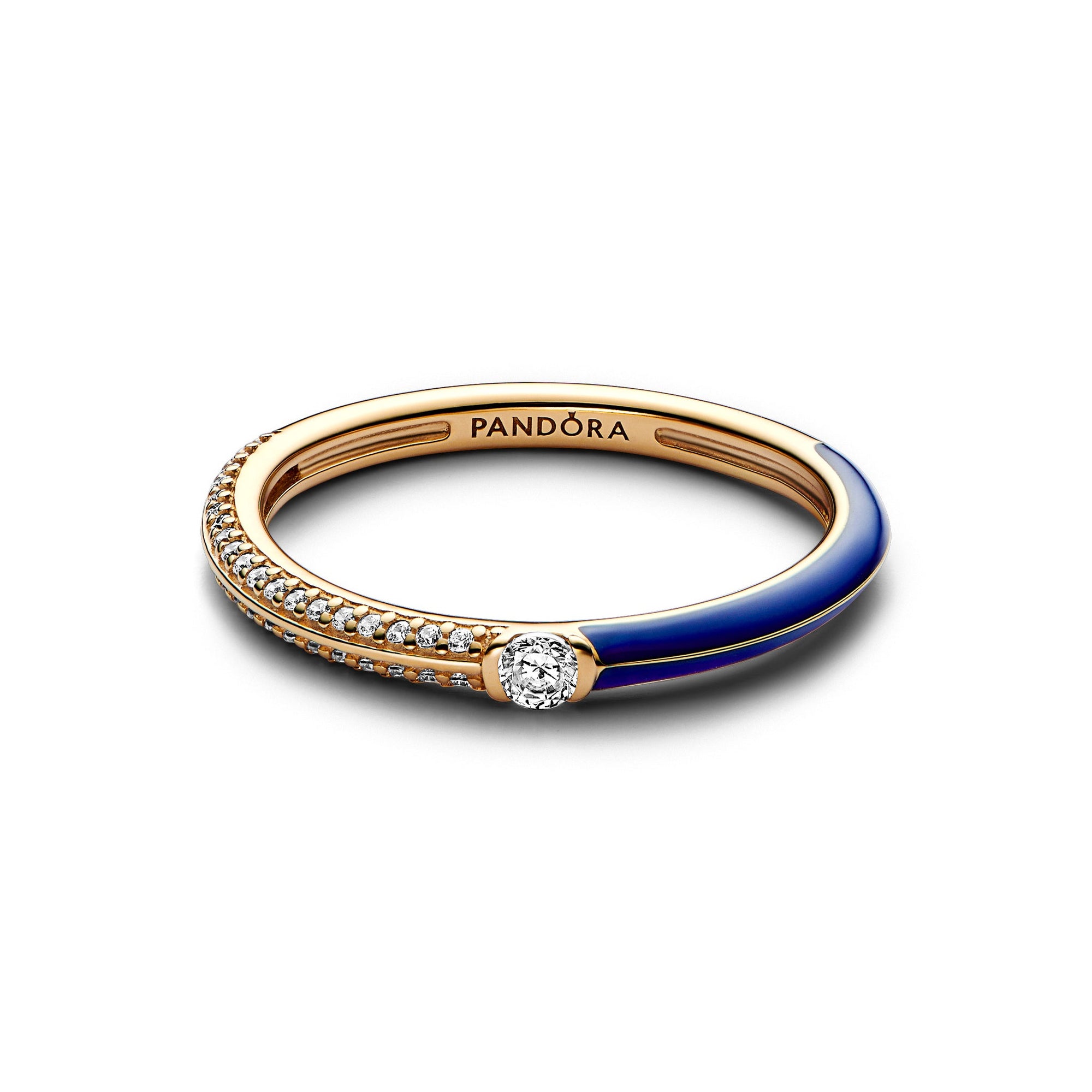 14k gold-plated ring with blue enamel and clear cubic zirconia