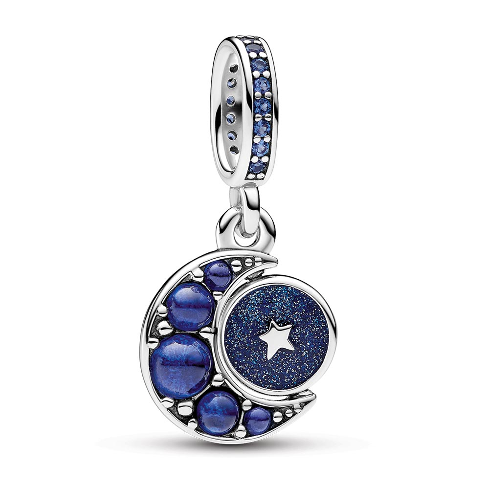 Crescent moon sterling silver dangle with royal blue, stellar blue and skylight blue crystal and shimmering blue enamel