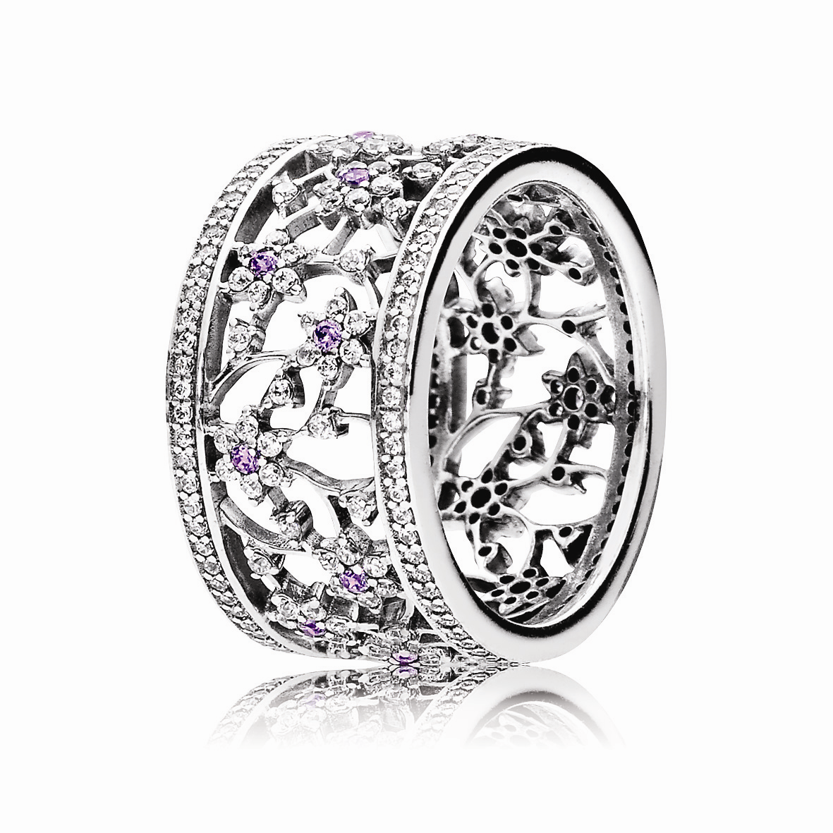 Forget me not silver ring with purple and clear cubic zirconia