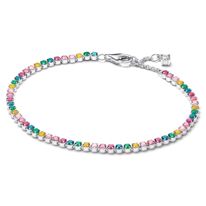 Sterling silver tennis bracelet with yellow, blue, phlox pink, green crystal, pink, clear and fancy pink cubic zirconia