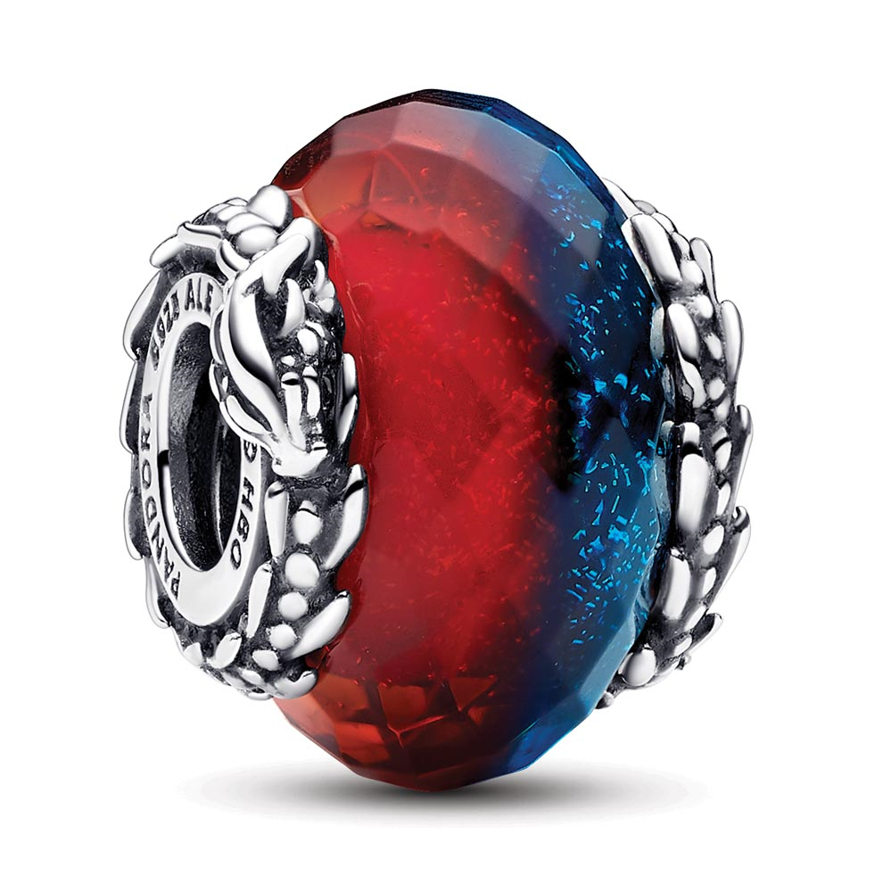 Pandora Project House Ice and Fire sterling silver charm with faceted red and blue Murano glass