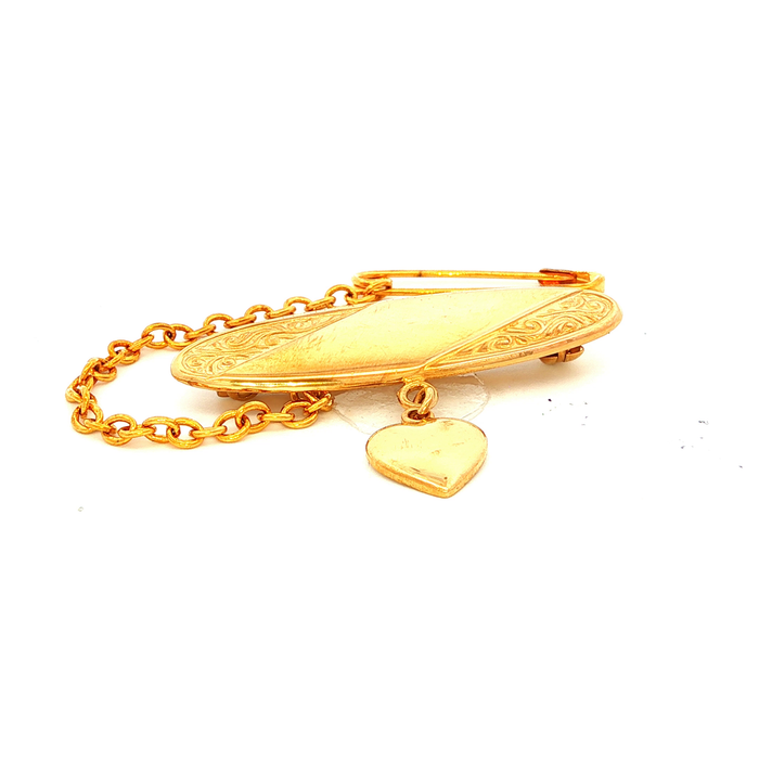 Heart Charm Embossed Children Brooch in Yellow Gold