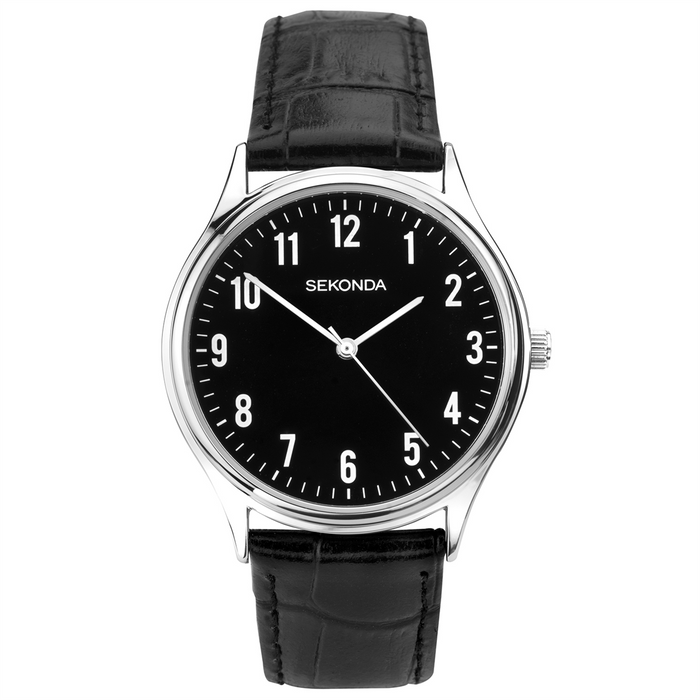 SEKONDA WATCH BLACK DIAL WITH BLACK LEATHER BAND. SK1777