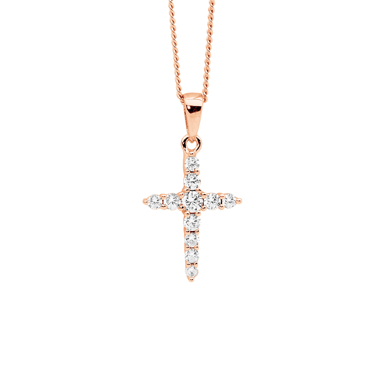 Ellani Rose Gold Plated Cross Pendant - Sterling Silver Cubic Zirconia