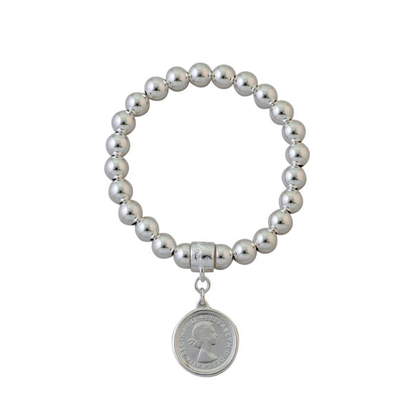 Von Treskow Silver 8mm Ball Stretchy Bracelet with Sixpence Coin